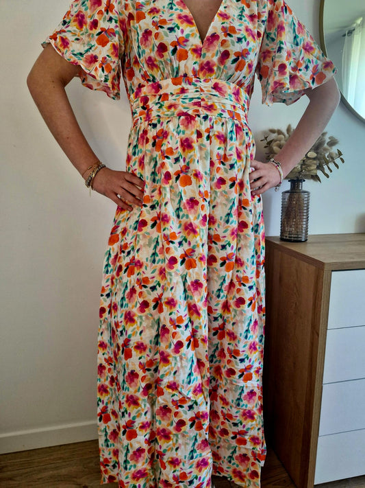 Robe Longue Fleurie à Col V et Taille Cintrée