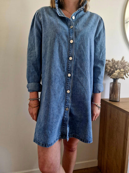 Robe Chemise en Jean à Col Volanté - Denim Clair